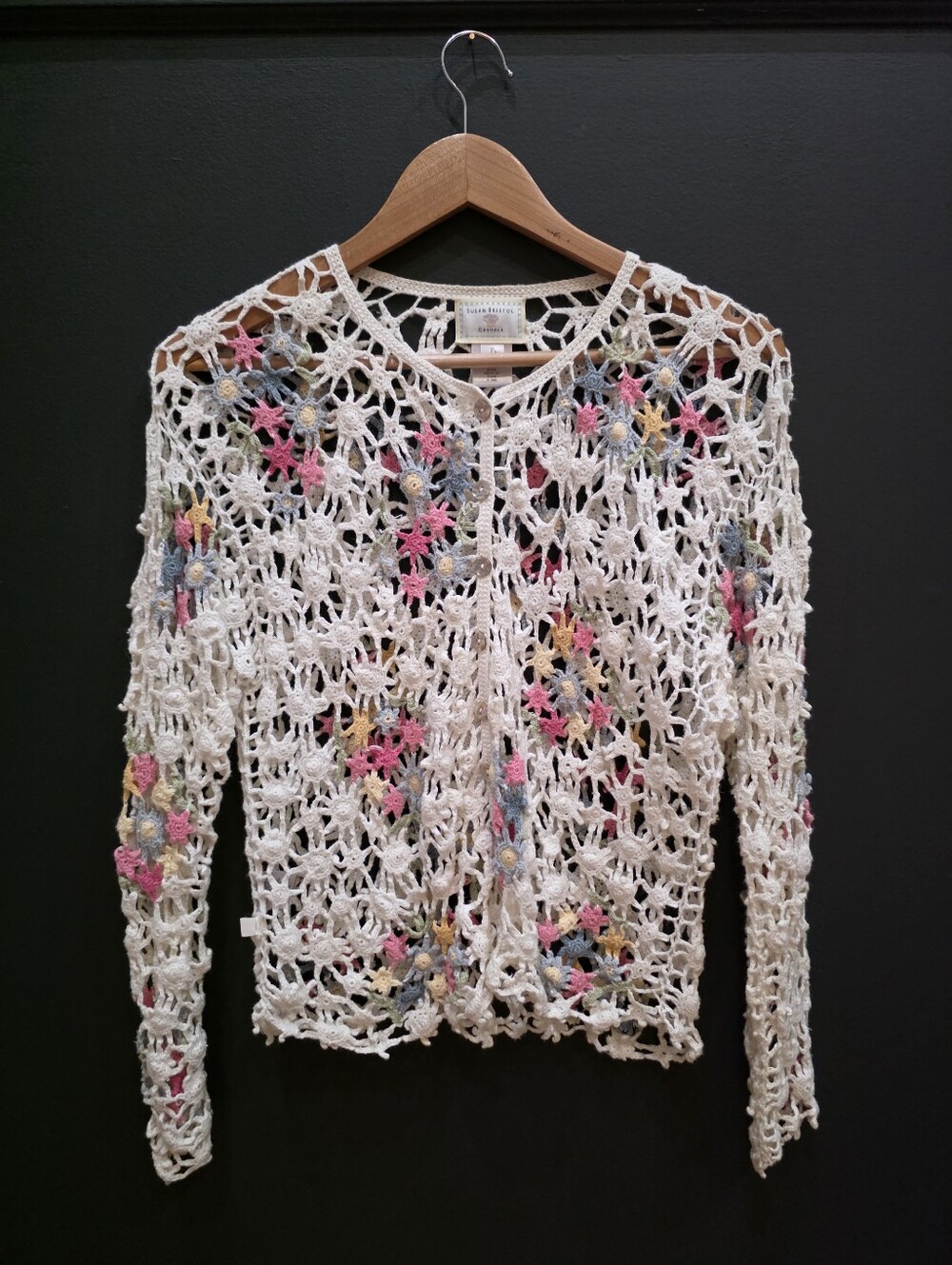 Susan Bristol Vintage Open Knit Crochet Pastel Floral Cardigan Petite L 1999